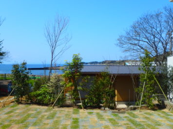 三浦市Ｋ邸の茶庭の内露地の庭づくり。鎌倉石の土留めと竹垣と海辺に強い植栽でコケ庭にしました。