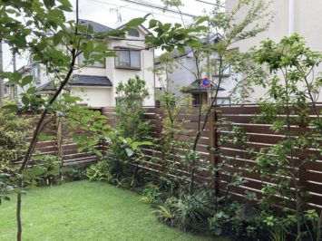横須賀市にある植木屋のいろは苑が、横浜でアプローチと主庭を雑木と芝生を使って作ったお庭。